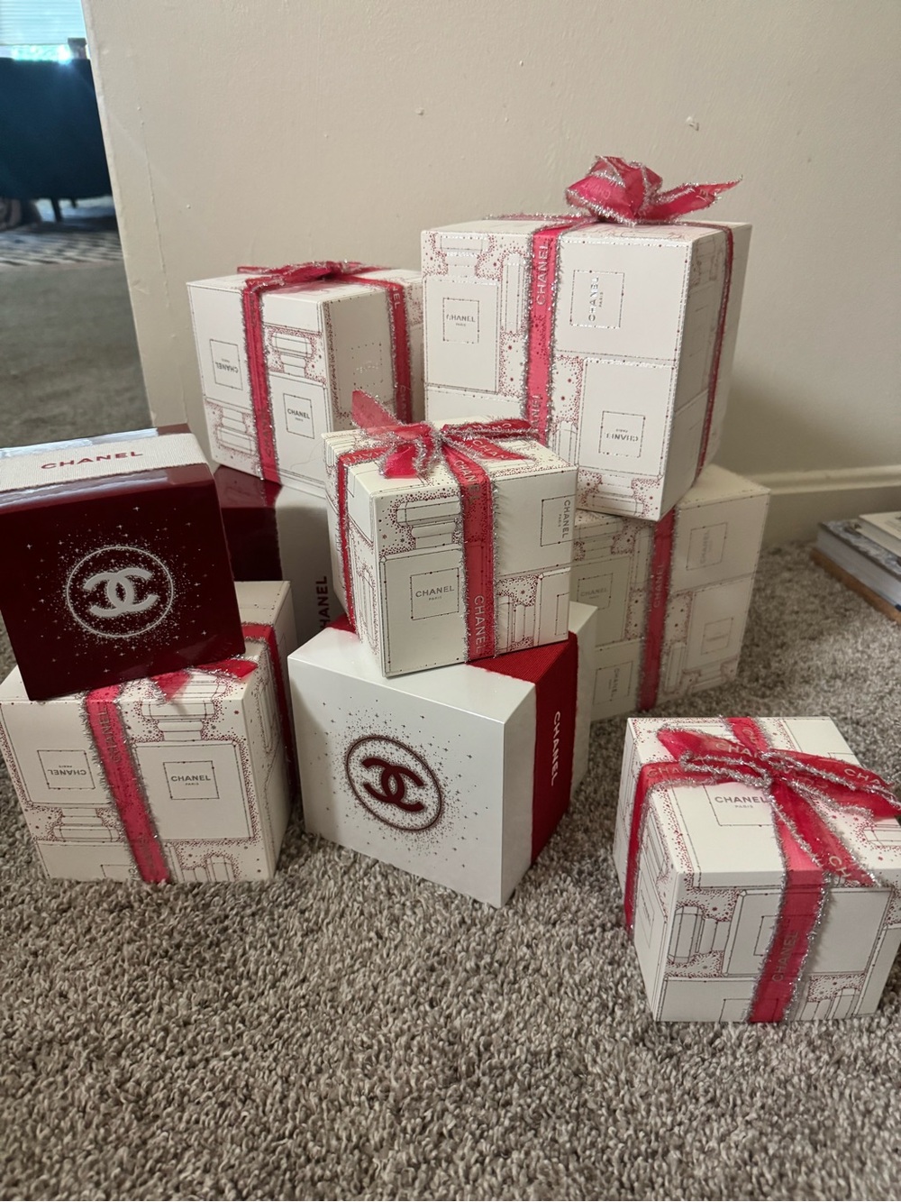 Assorted holiday CHANEL boxes decor